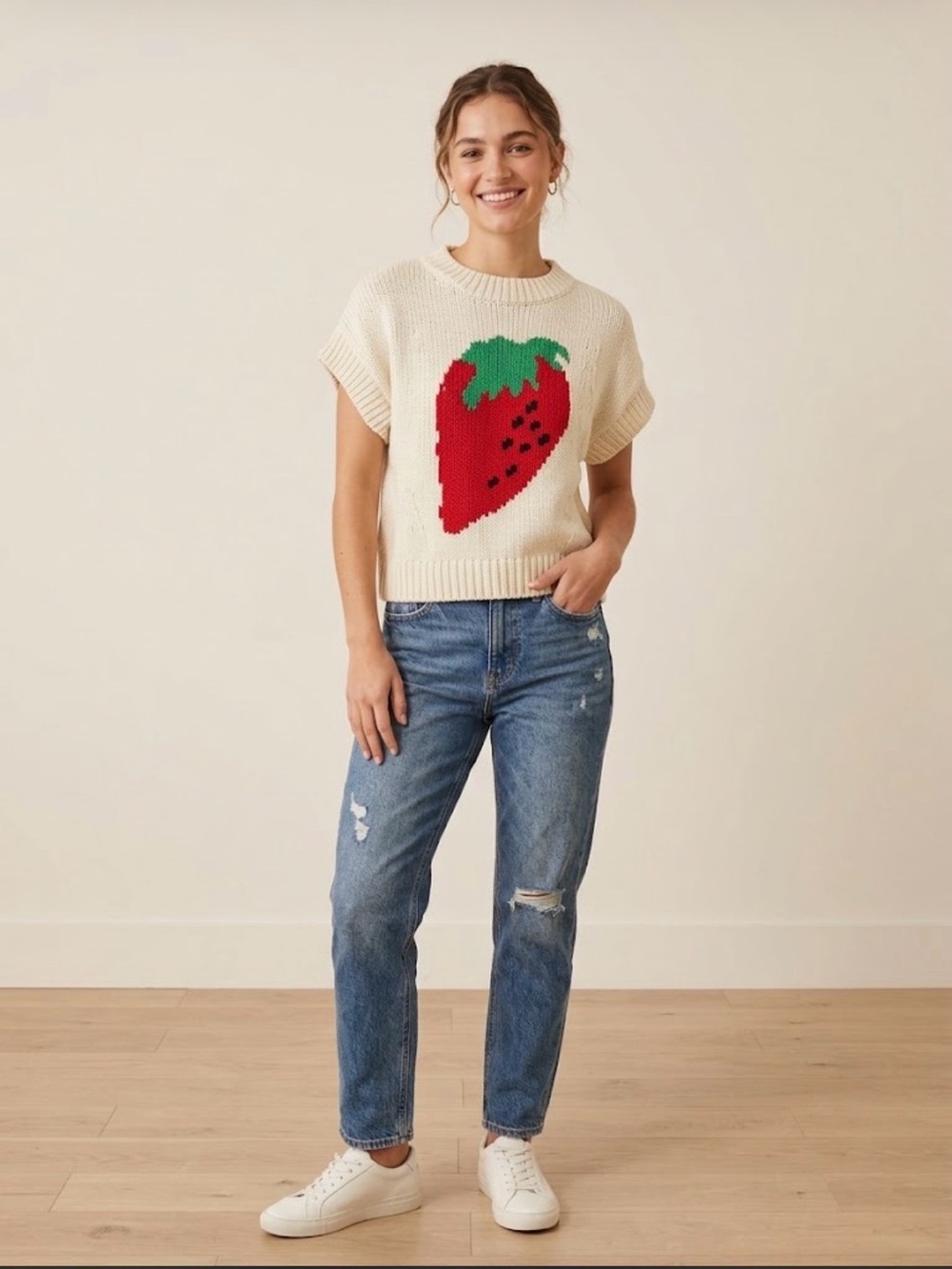 Maeve x Anthropologie Pippa Strawberry Crewneck Cap Sleeve Knit Sweater XS